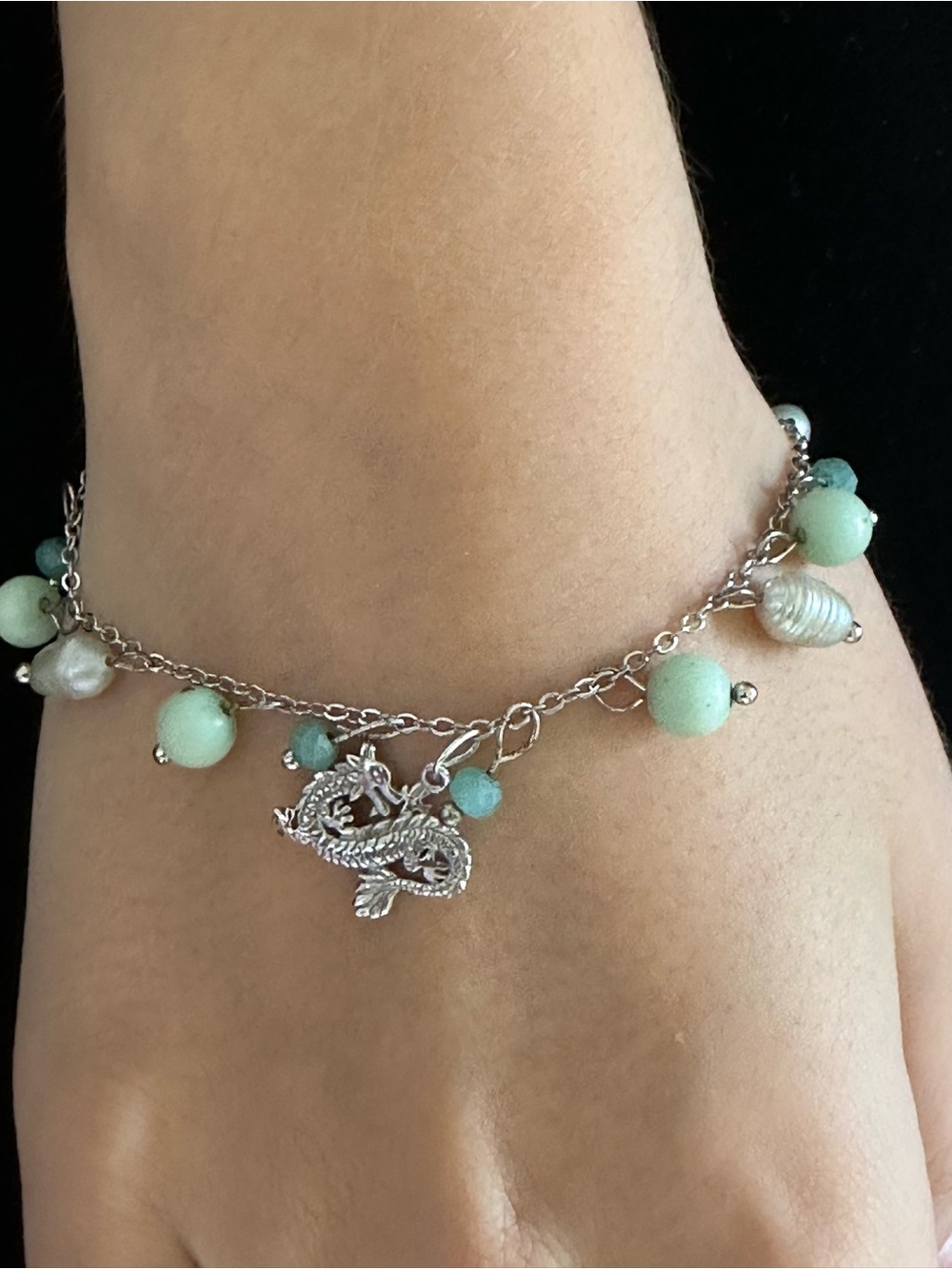 925 Sterling Silver Dragon Charms with Jade Pearls Bracelet